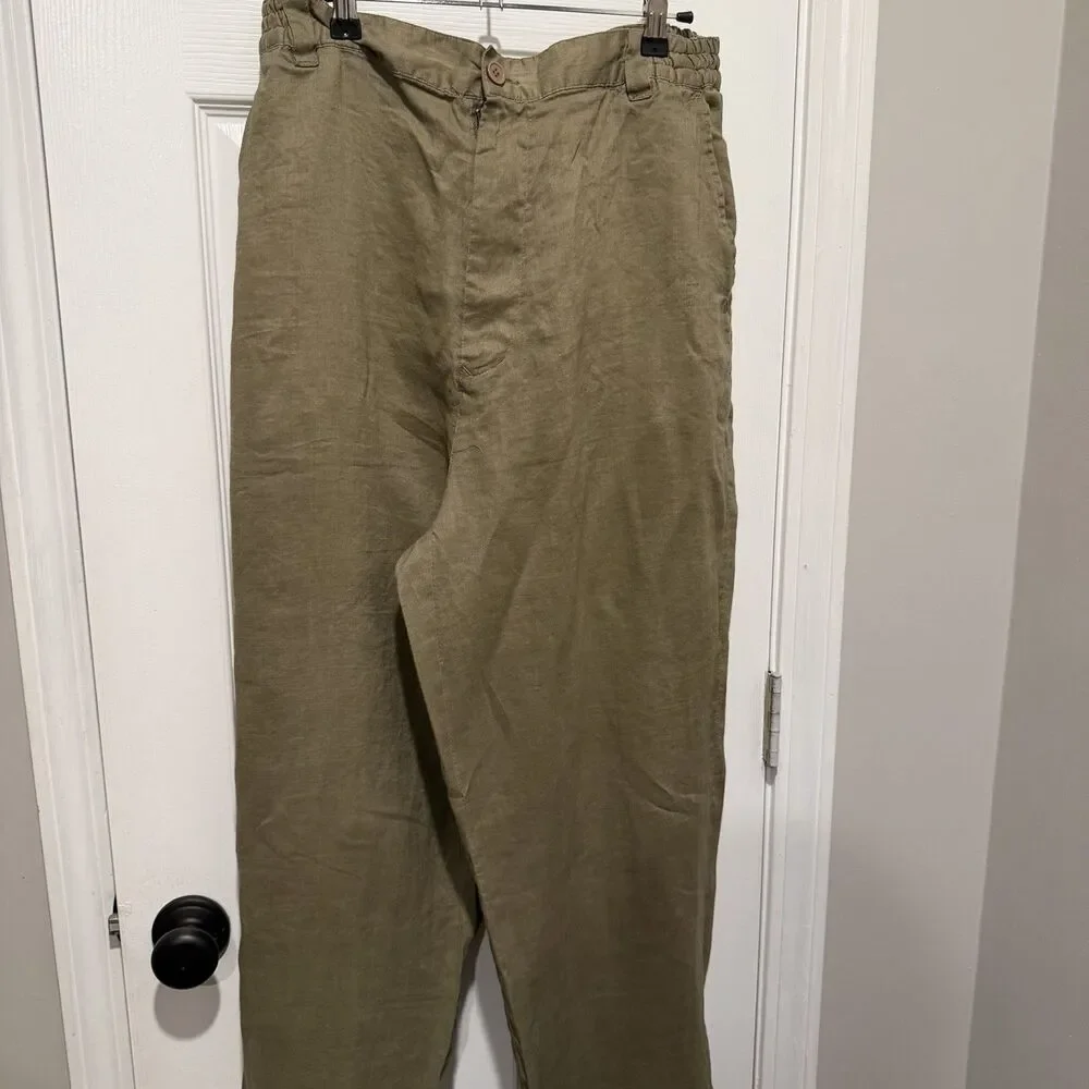 S&K Enterprise Mens Large 100% Linen Pants Olive Green Elastic Waist Casual